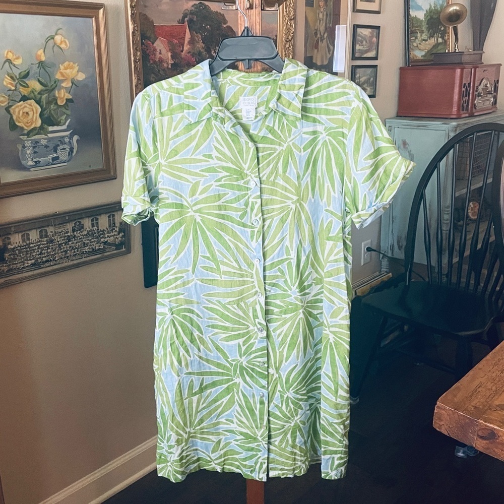 Sigrid Olsen 100% linen button shirt dress pockets short sleeve MED green blue - Picture 2 of 10